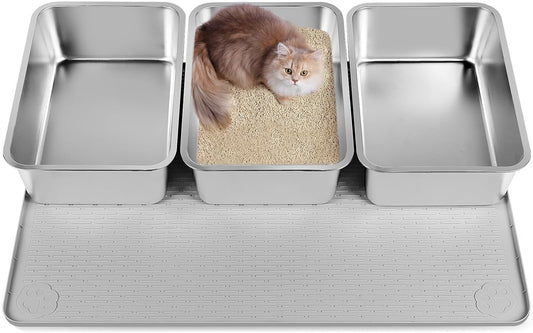 3 Pack Stainless Steel Cat Litter Box with Cat Litter Mat