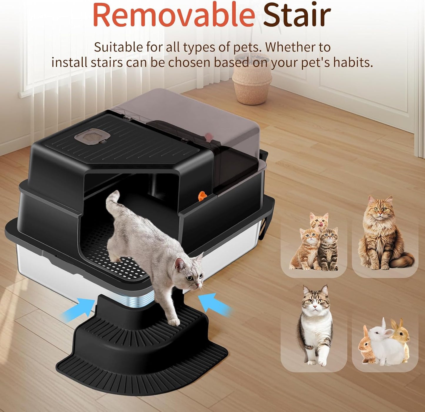 XXXL Black Fully Enclosed Stainless Steel Litter Box with Step
