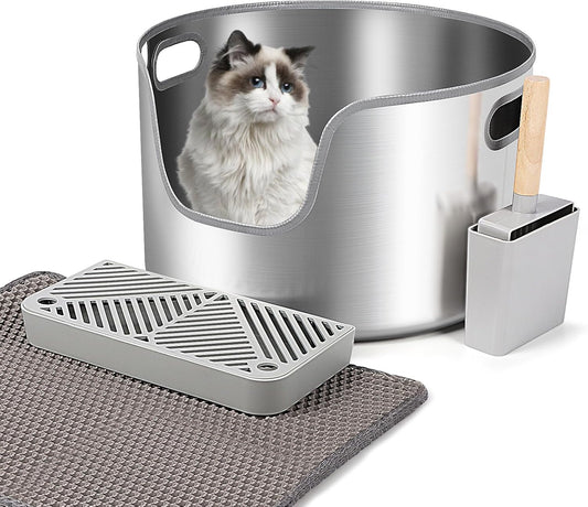 L Round High Sided Metal Stainless Steel Litter Box