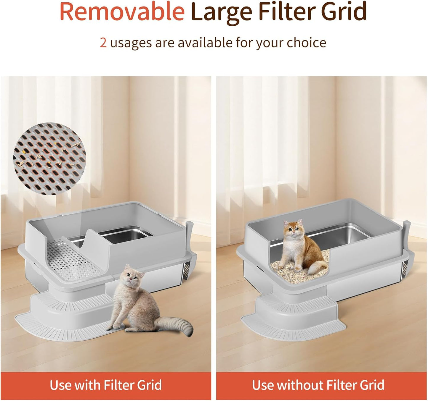 XXXL Light Gray Semi Enclosed Stainless Steel Litter Box with Step