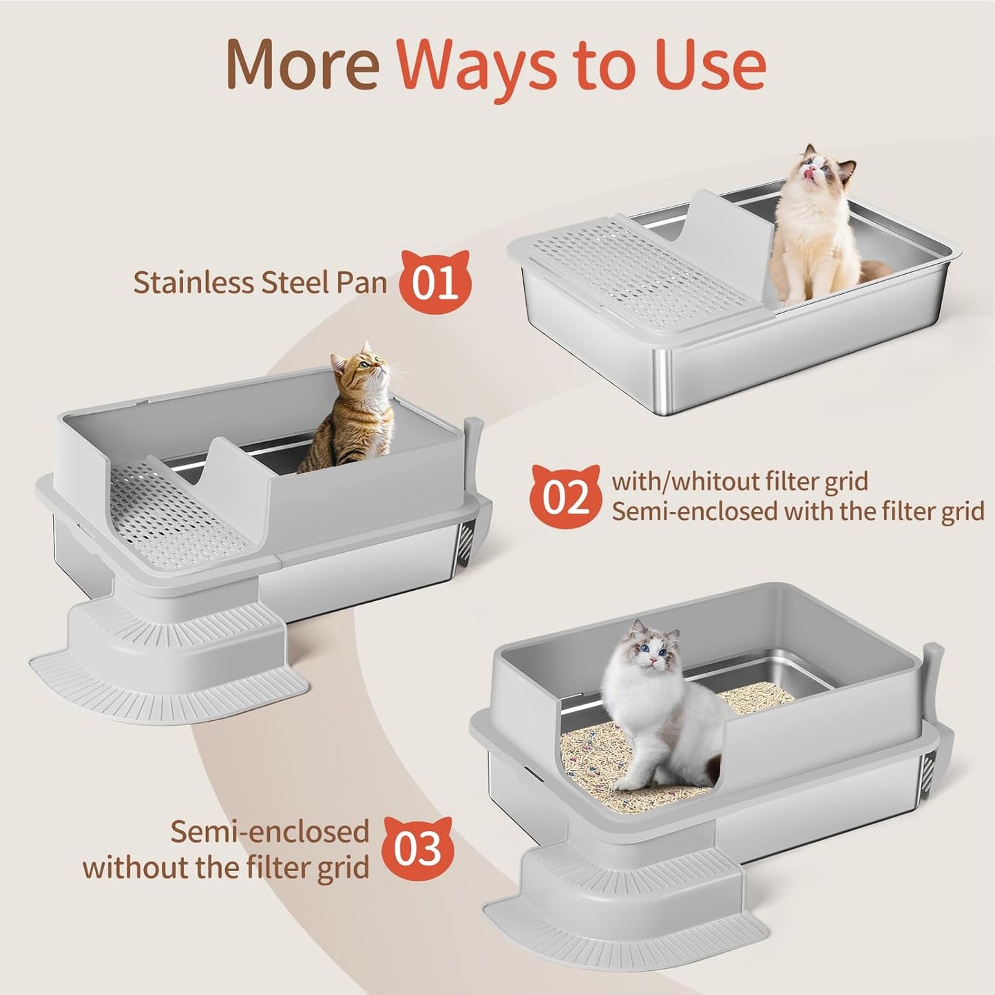 XXXL Light Gray Semi Enclosed Stainless Steel Litter Box with Step