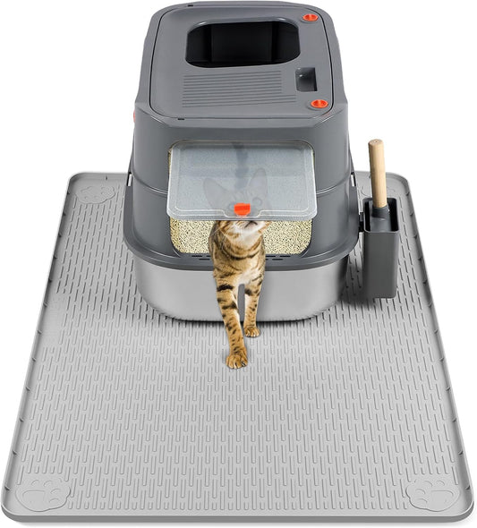 Dark Gray Stainless Steel Cat Litter Box with Cat Litter Mat