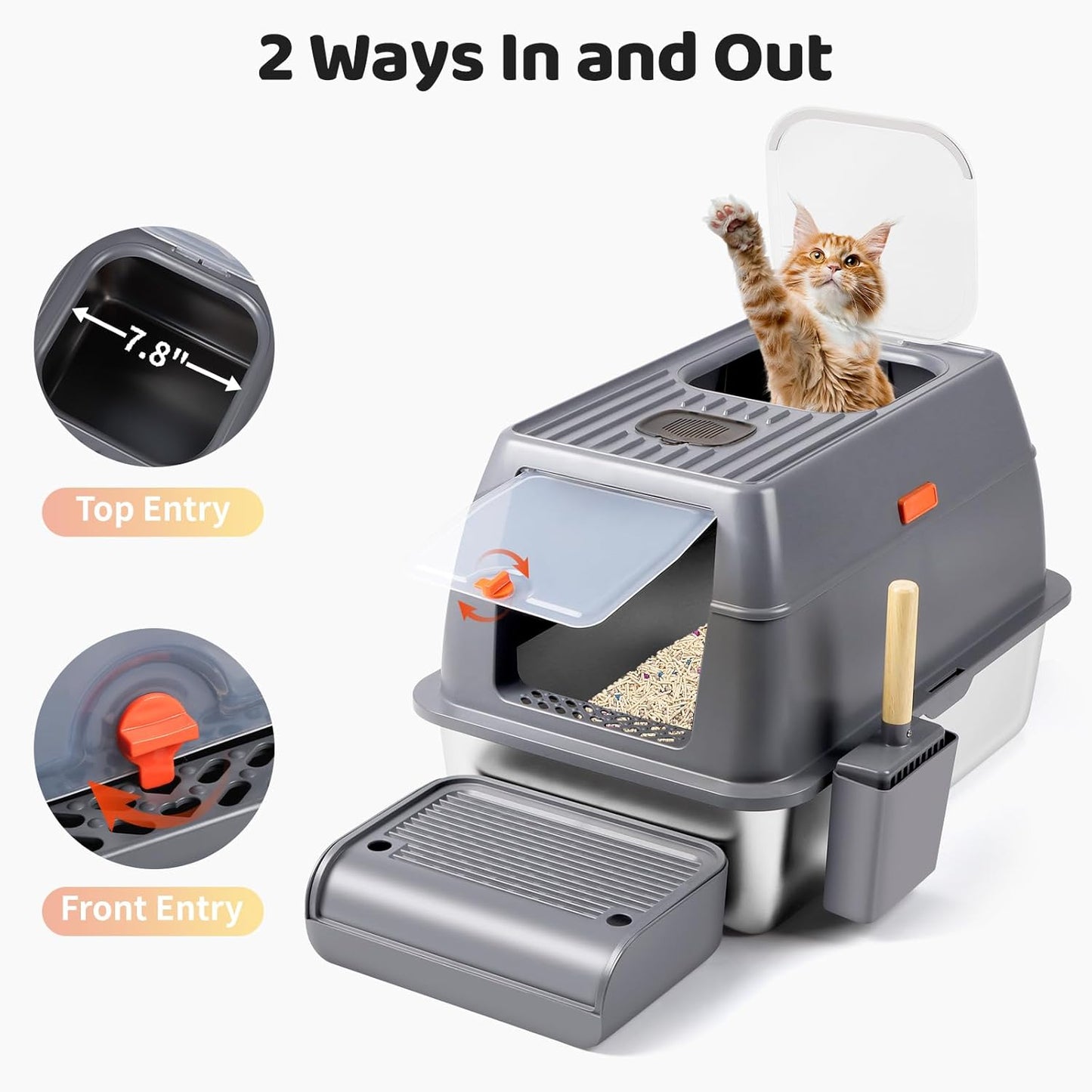 XXL Dark Gray Stainless Steel Litter Box with Lid with Top Entry