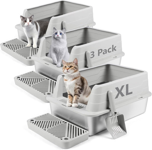 XL 3 Pack Light Gray Stainless Steel Litter Box with Filter Pedal