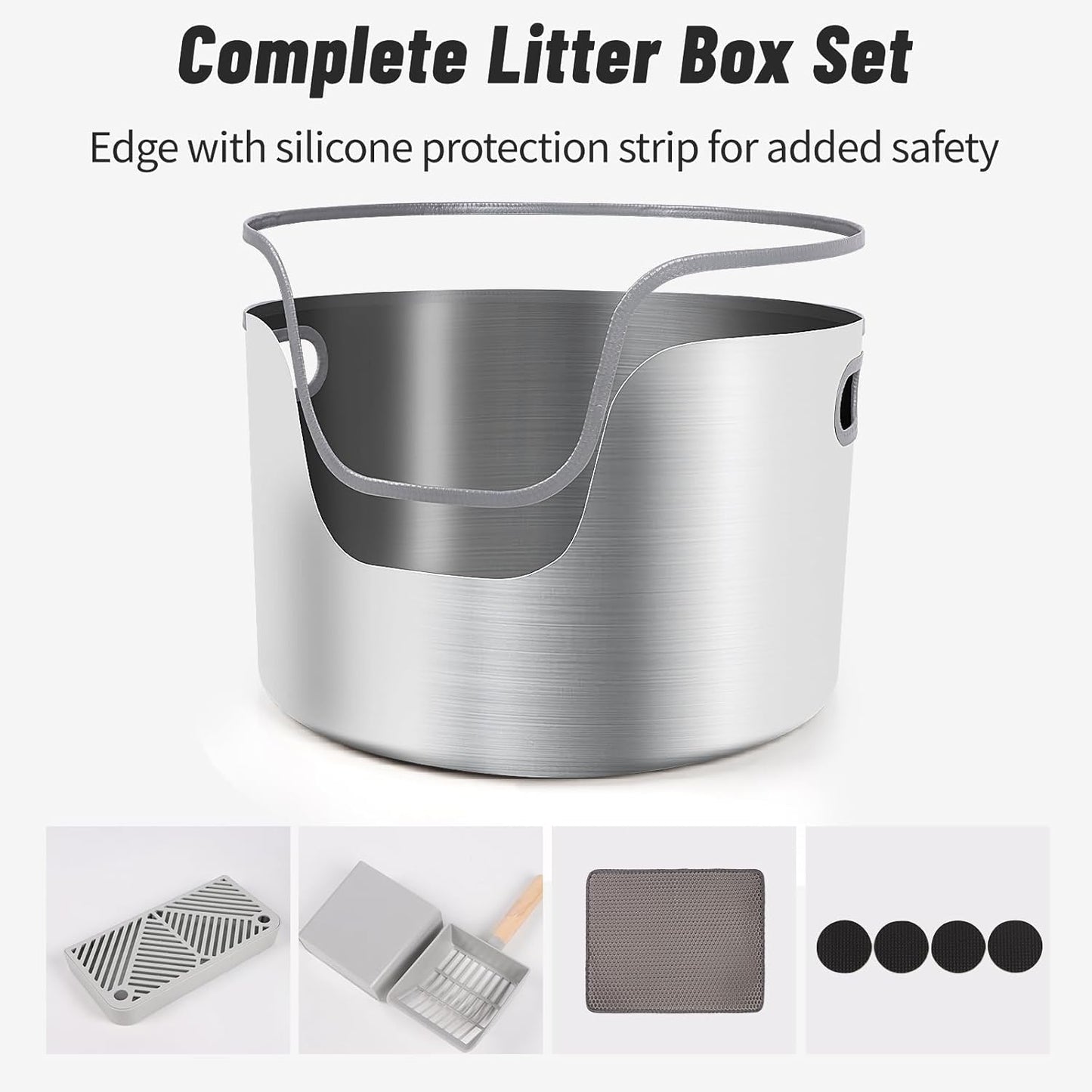 L Round High Sided Metal Stainless Steel Litter Box