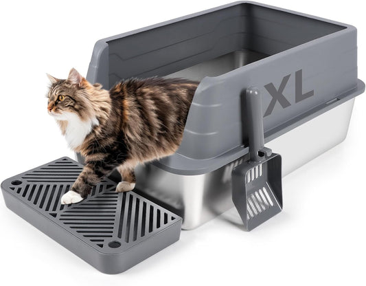 XL Dark Gray Stainless Steel Litter Box with Filter Pedal