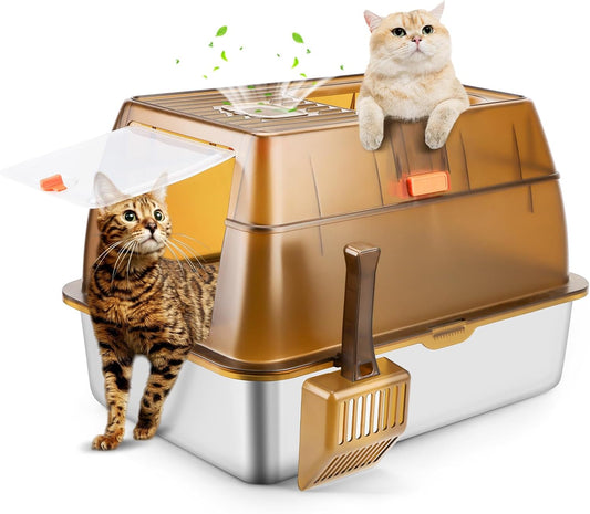 XXL Brown Fully Enclosed Stainless Steel Cat Litter Box with Removable Lid