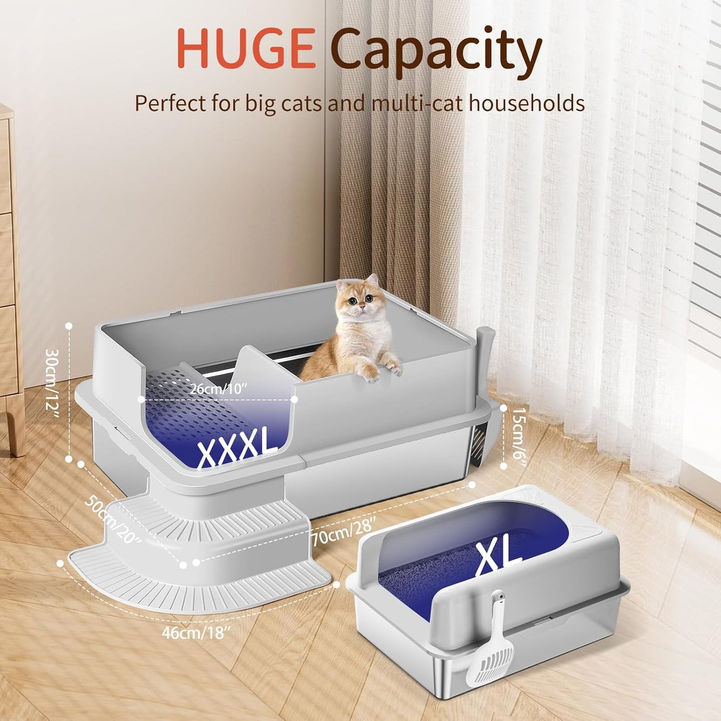 XXXL Light Gray Semi Enclosed Stainless Steel Litter Box with Step