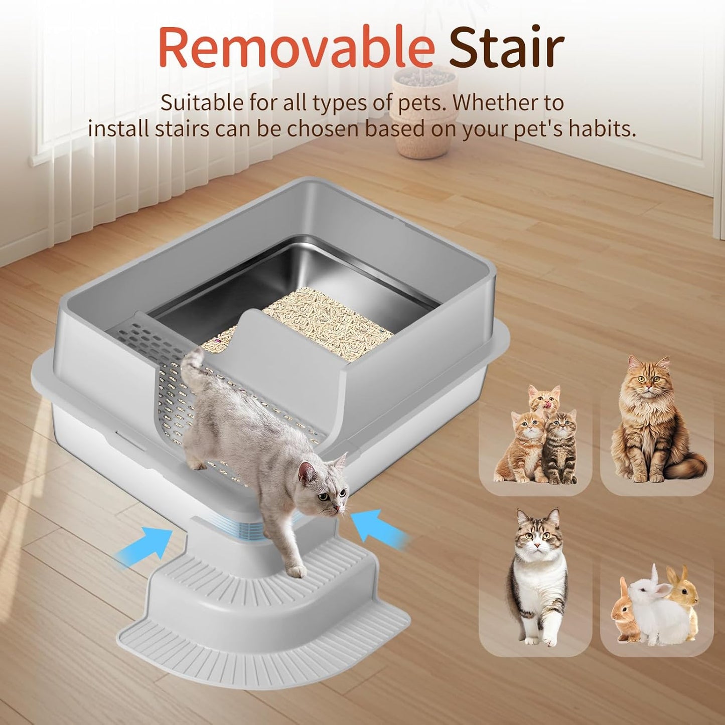 XXXL Light Gray Semi Enclosed Stainless Steel Litter Box with Step