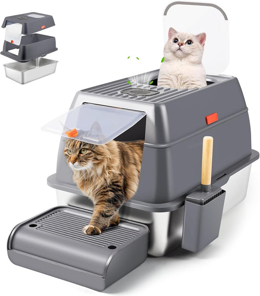 XXL Dark Gray Stainless Steel Litter Box with Lid with Top Entry