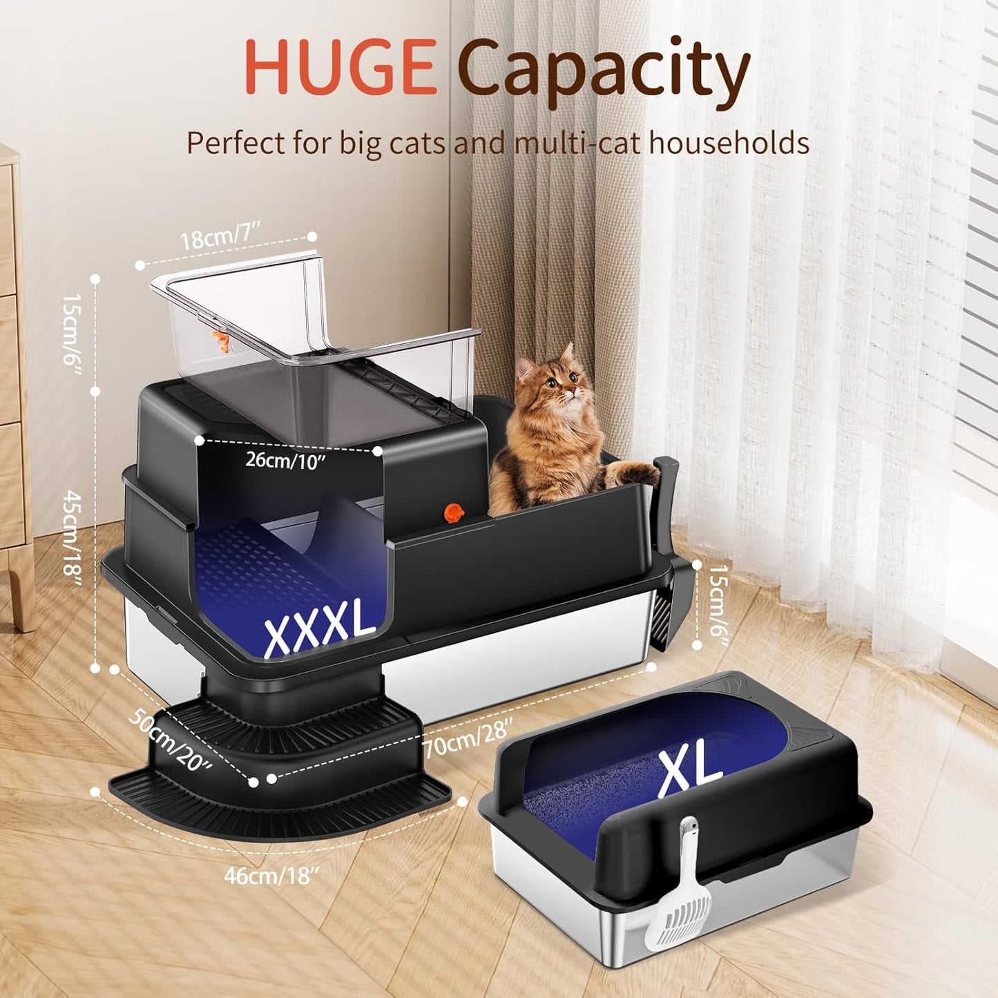 XXXL Black Fully Enclosed Stainless Steel Litter Box with Step