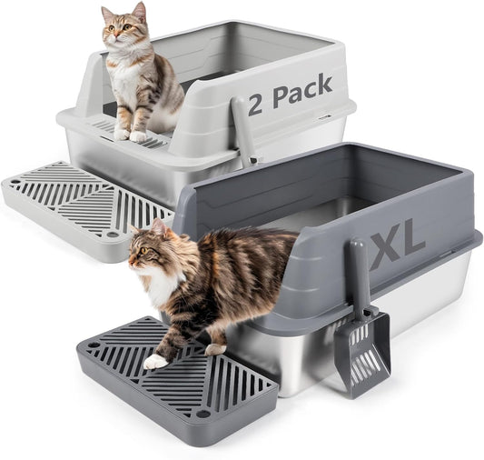 XL 2 Pack Dark&Light Gray Stainless Steel Litter Box with Filter Pedal