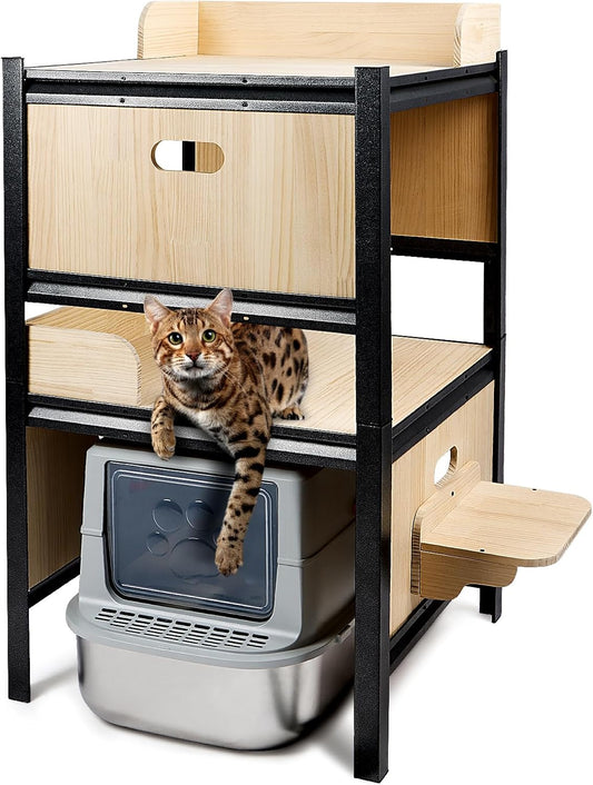 Wooden Double Layers Cat Litter Box Shelves with Metal Frame