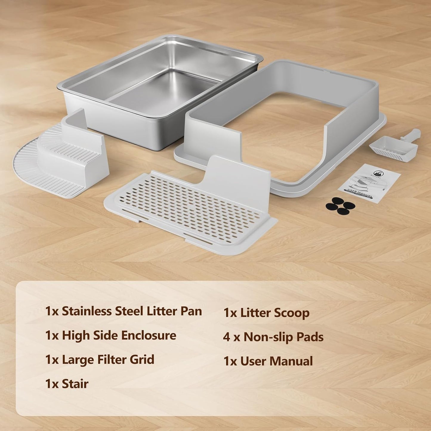 XXXL Light Gray Semi Enclosed Stainless Steel Litter Box with Step