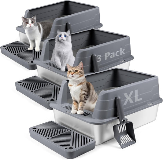 XL 3 Pack Dark Gray Stainless Steel Litter Box with Filter Pedal