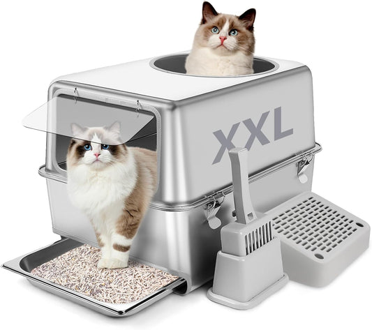XXL Stainless Steel Litter Box with Pull-Out Drawer