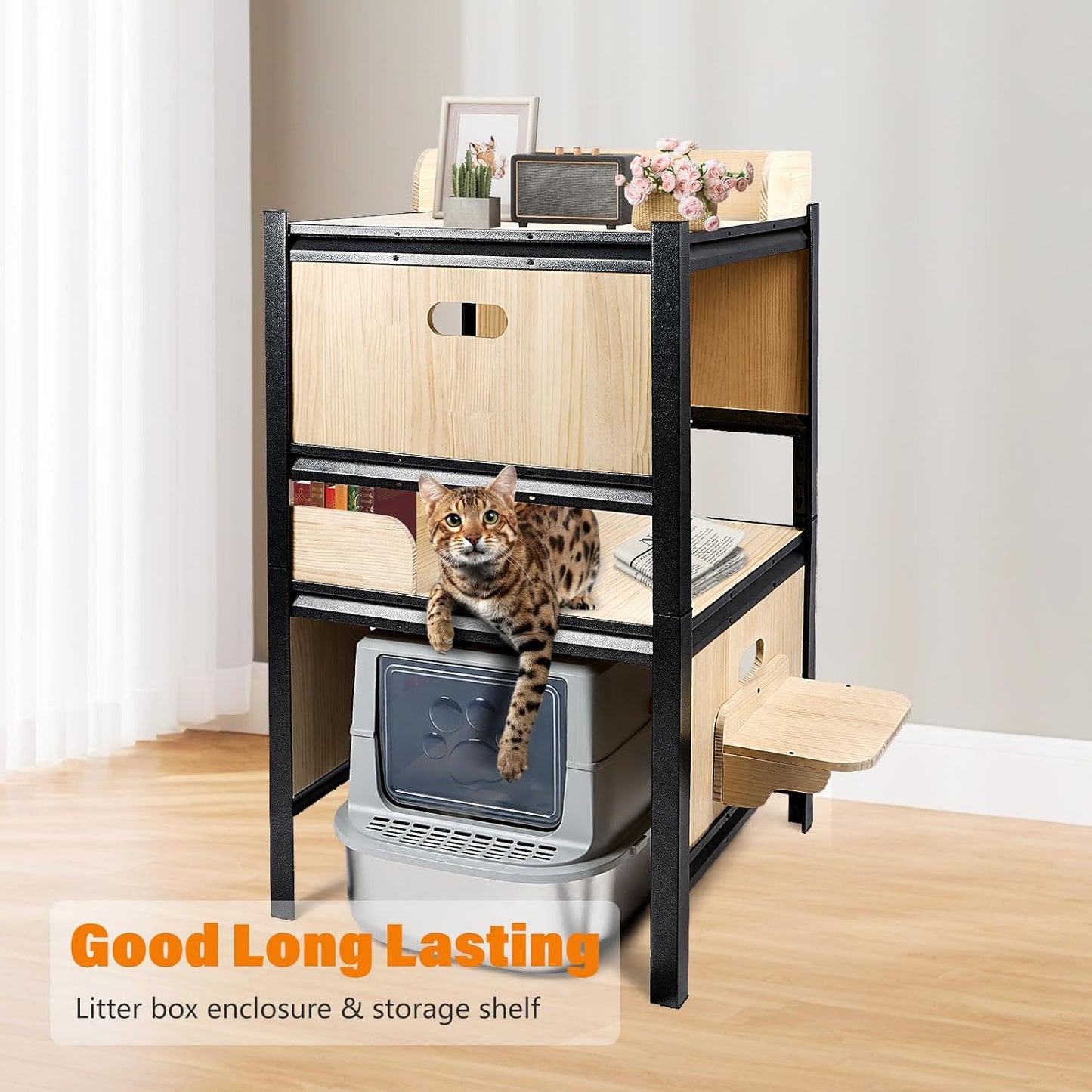Wooden Double Layers Cat Litter Box Shelves with Metal Frame