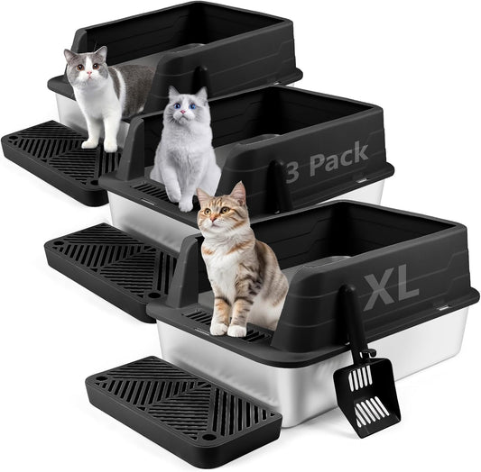 XL 3 Pack Black Stainless Steel Litter Box with Filter Pedal