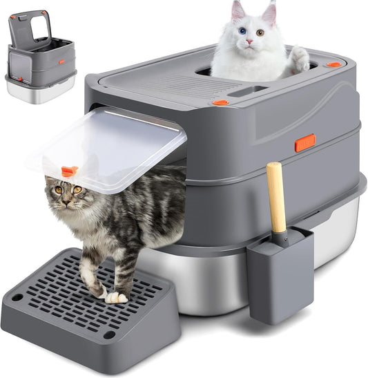 XXL Stainless Steel Litter Box with 180° Flip-Top Lid