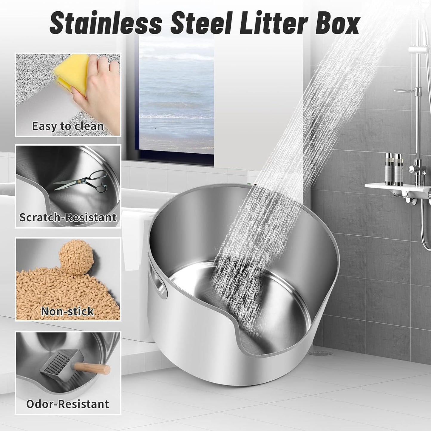 L Round High Sided Metal Stainless Steel Litter Box