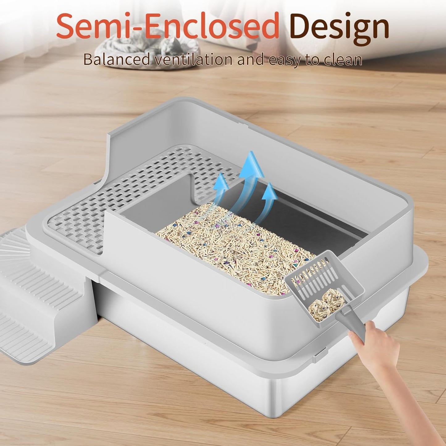 XXXL Light Gray Semi Enclosed Stainless Steel Litter Box with Step