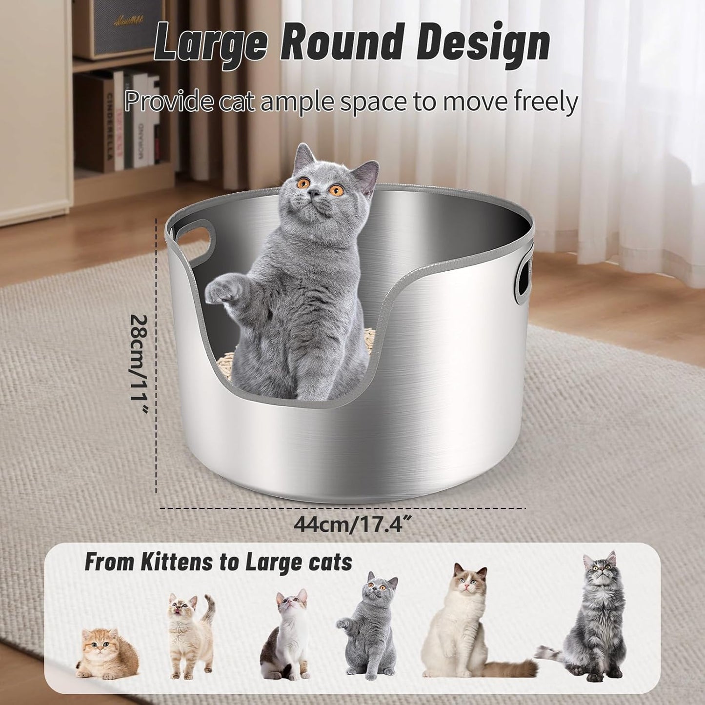 L Round High Sided Metal Stainless Steel Litter Box