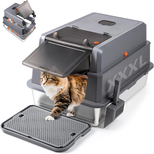XXXL Extra Large Black Fully enclosed Stainless Steel Litter Box with Lid