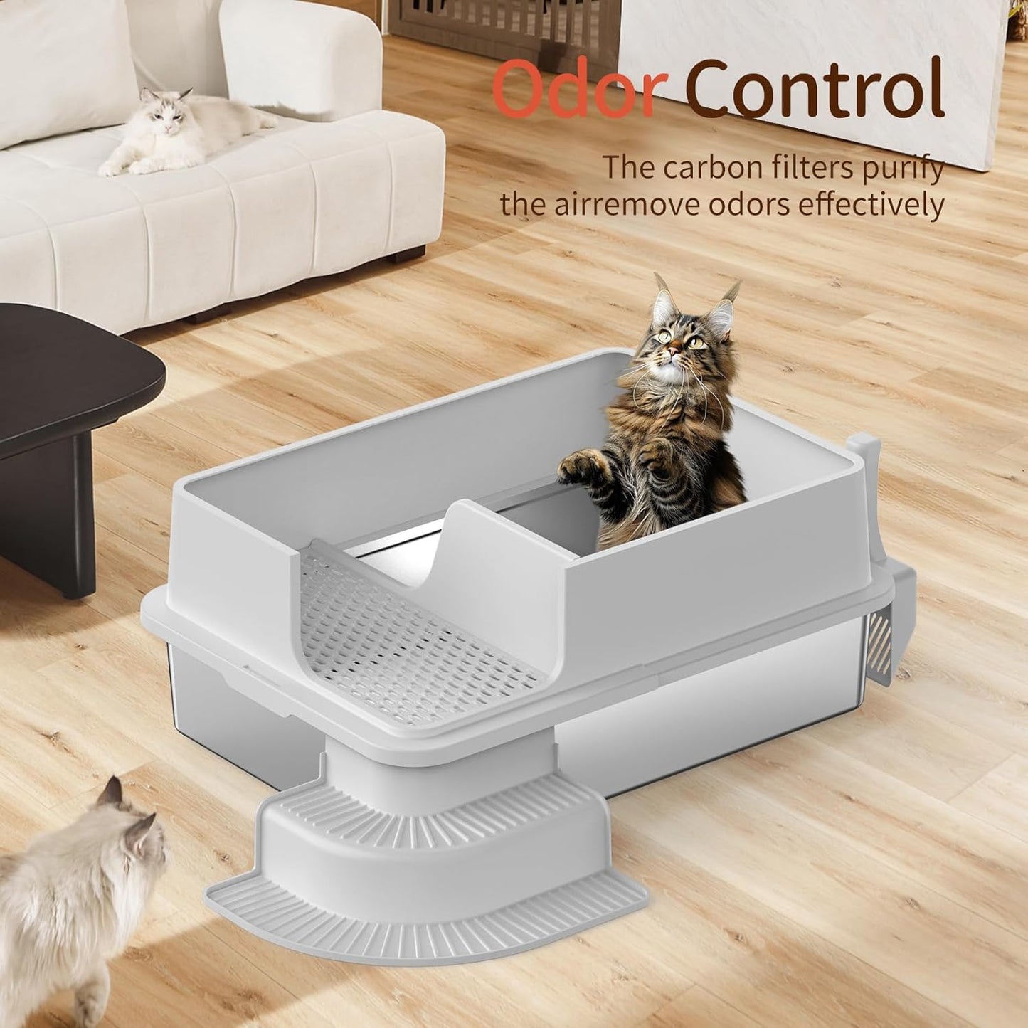 XXXL Light Gray Semi Enclosed Stainless Steel Litter Box with Step