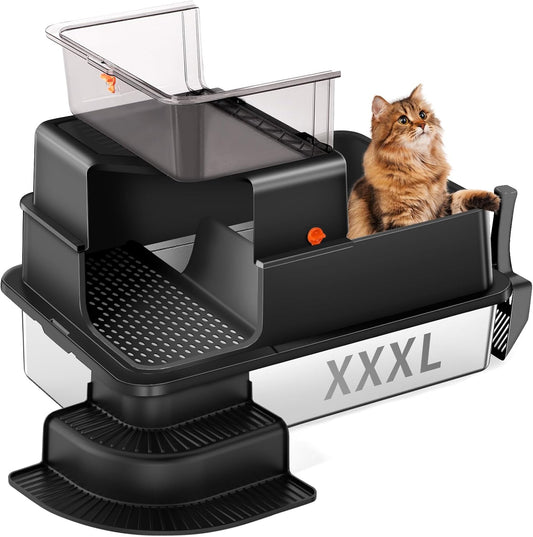 XXXL Black Fully Enclosed Stainless Steel Litter Box with Step