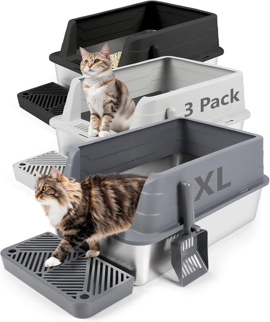 XL 3 Pack Black/Dark&Light Gray Stainless Steel Litter Box with Filter Pedal