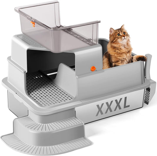XXXL Light Gray Fully Enclosed Stainless Steel Litter Box with Step