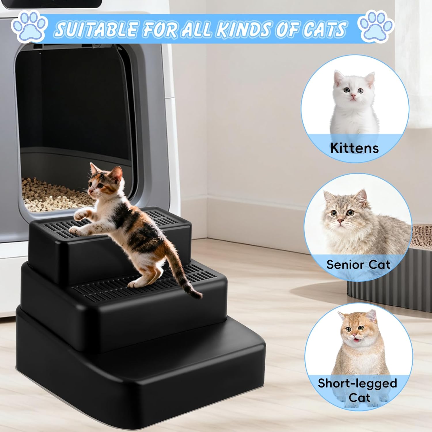 3-Step Adjustable Cat Litter Box Ramp – Easy Clean Stair with Filter ...