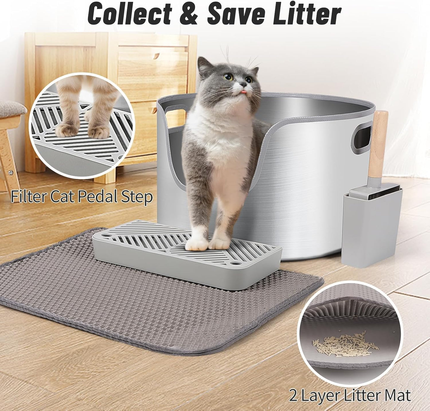 L Round High Sided Metal Stainless Steel Litter Box