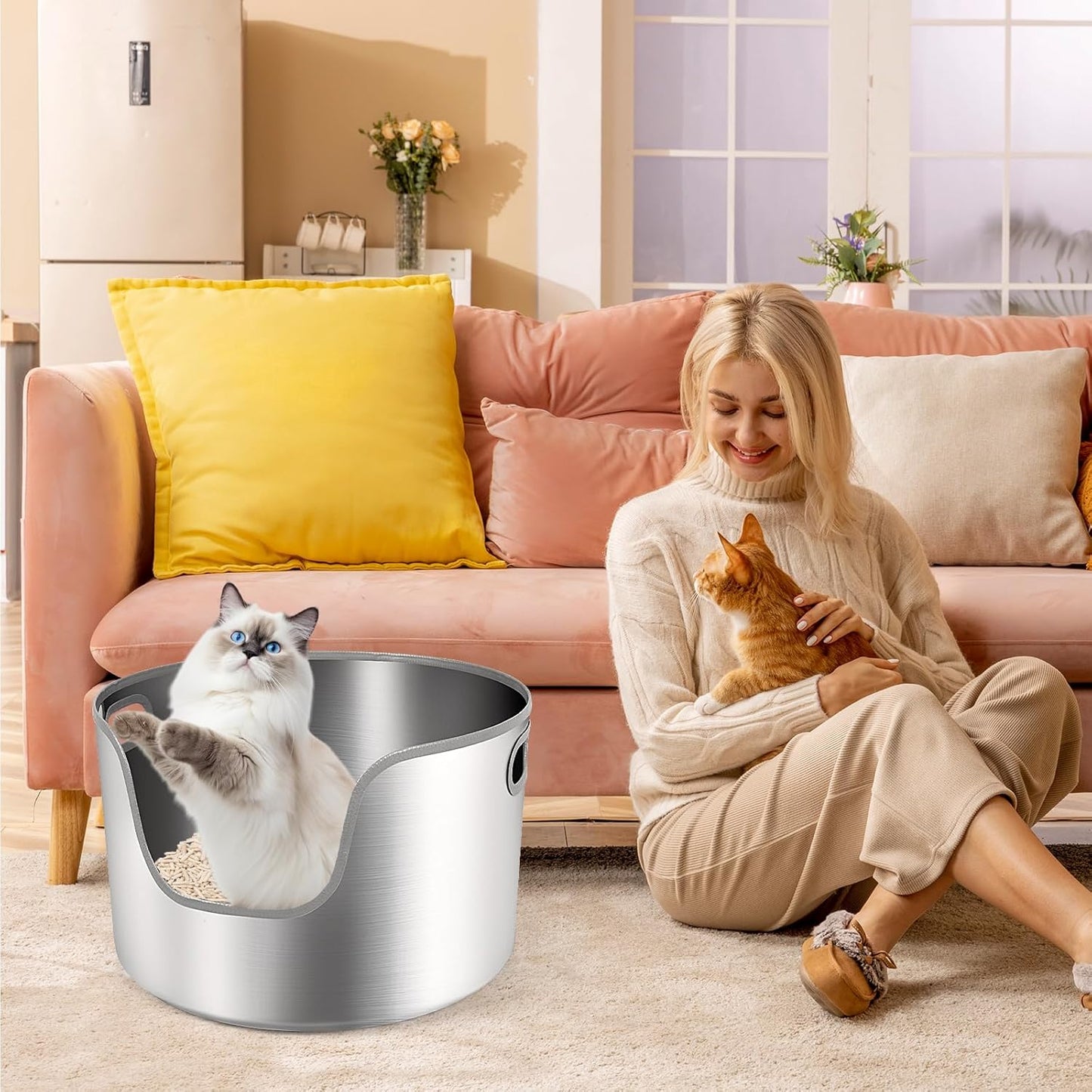 L Round High Sided Metal Stainless Steel Litter Box