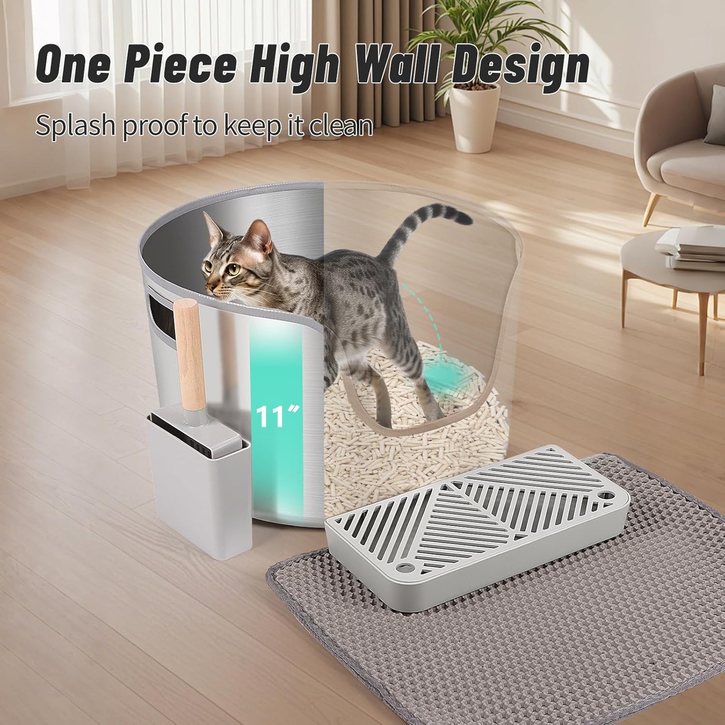 L Round High Sided Metal Stainless Steel Litter Box