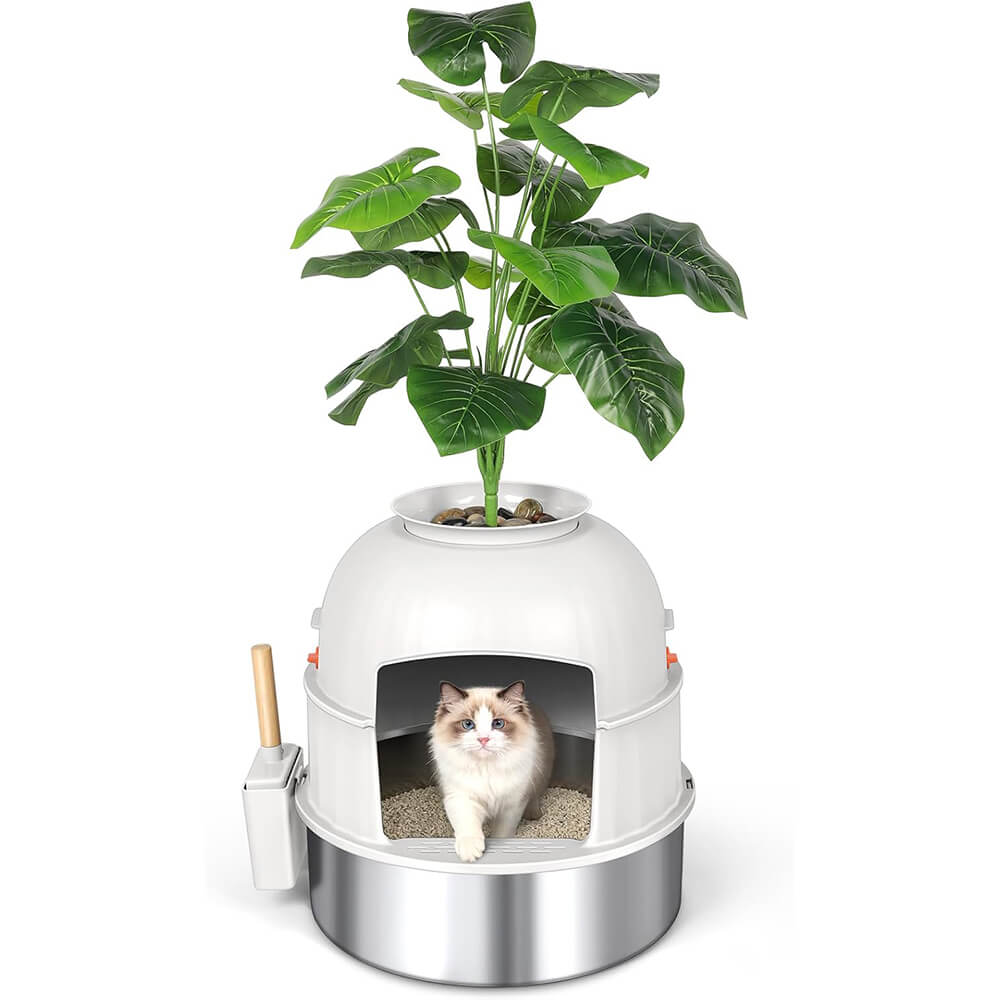 Full Enclosure Stainless Steel Cat Litter Box Artificial Plant