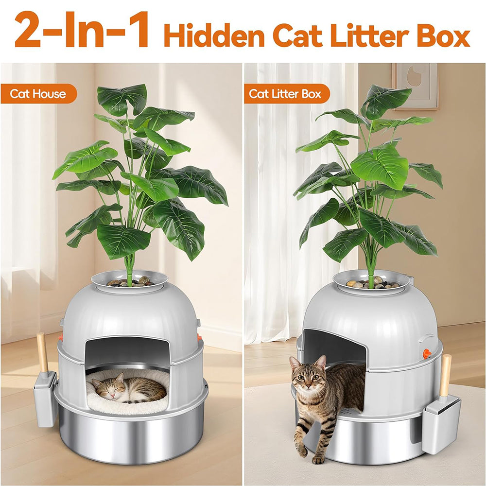 Full Enclosure Stainless Steel Cat Litter Box with Artificial Plant