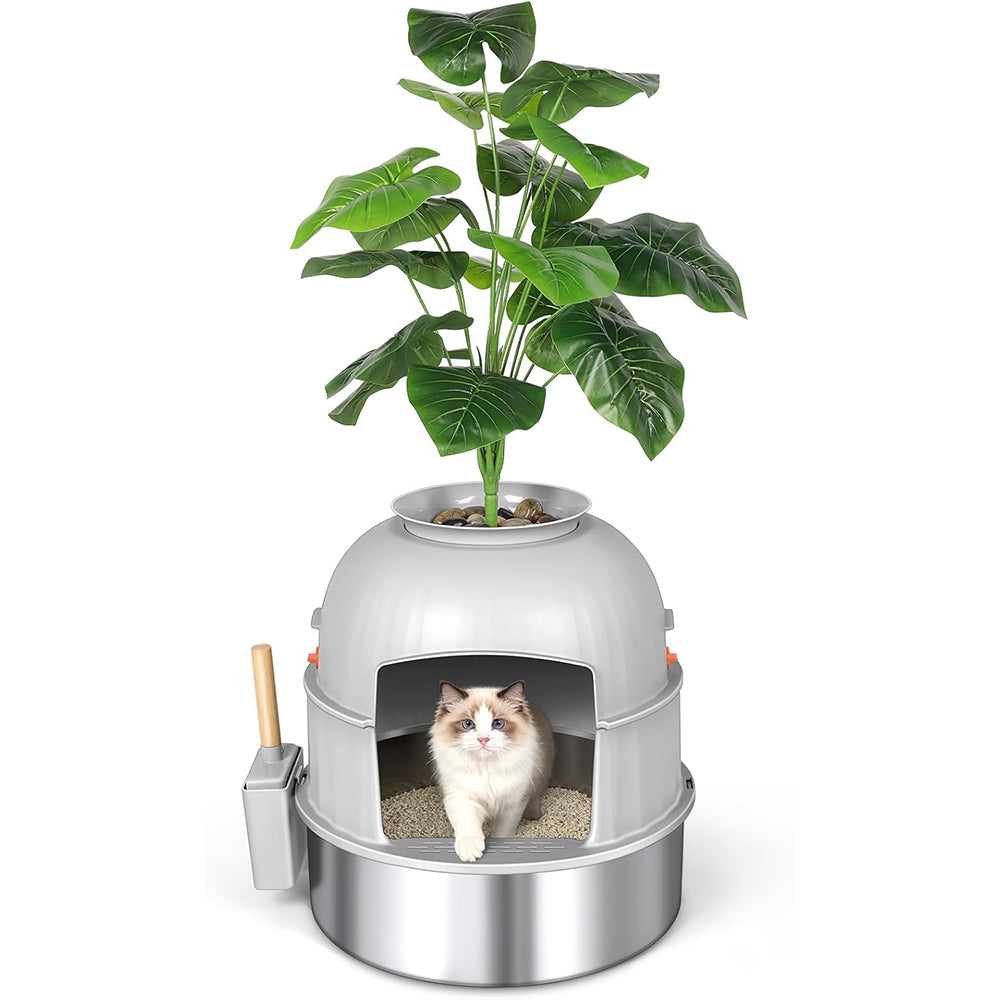 Full Enclosure Stainless Steel Cat Litter Box with Artificial Plant