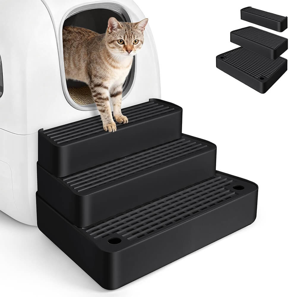 Extra Large Adjustable 3-Step Cat Litter Box Ramp with Filter-Black