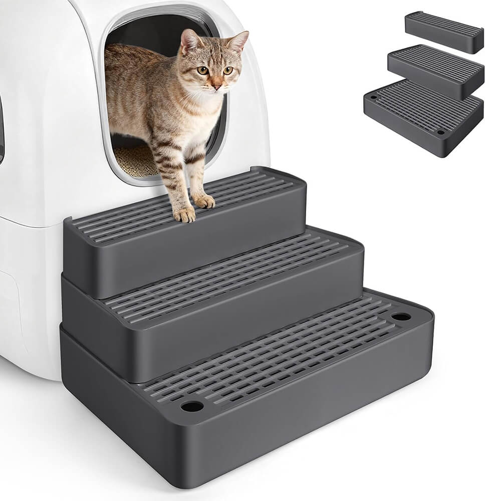 Extra Large Adjustable 3 Step Cat Litter Box Ramp Filter Dark Grey