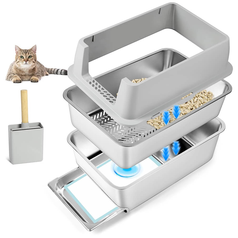 L Silver Stainless Steel Drawer Type Semi Enclosed Cat Litter Box