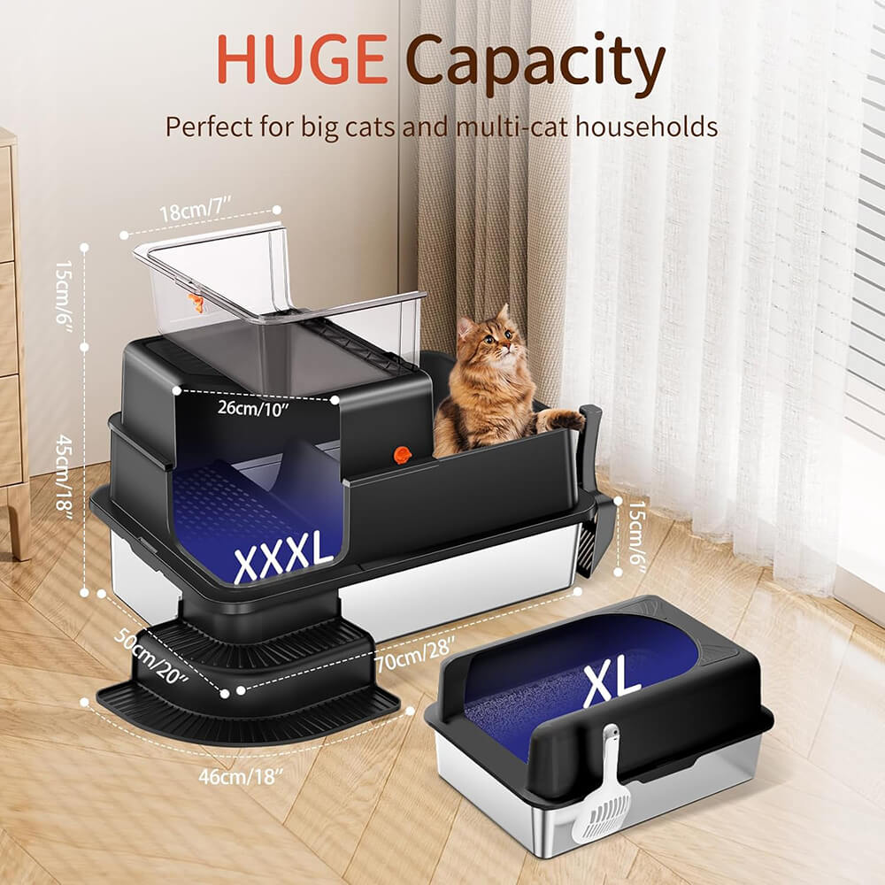 big cat litter box ragnarok mobile XXXL Black Fully Enclosed Stainless Steel Litter Box with Step