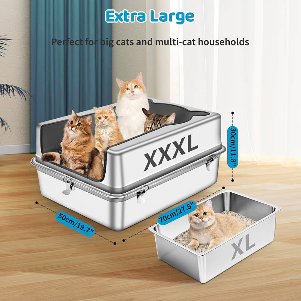 XXXL Extra Large Stainless Steel Cat Litter Box – Semi Enclosed, Easy Clean 