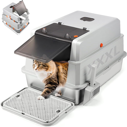 XXXL Extra Large Light Gray Stainless Steel Litter Box with Lid